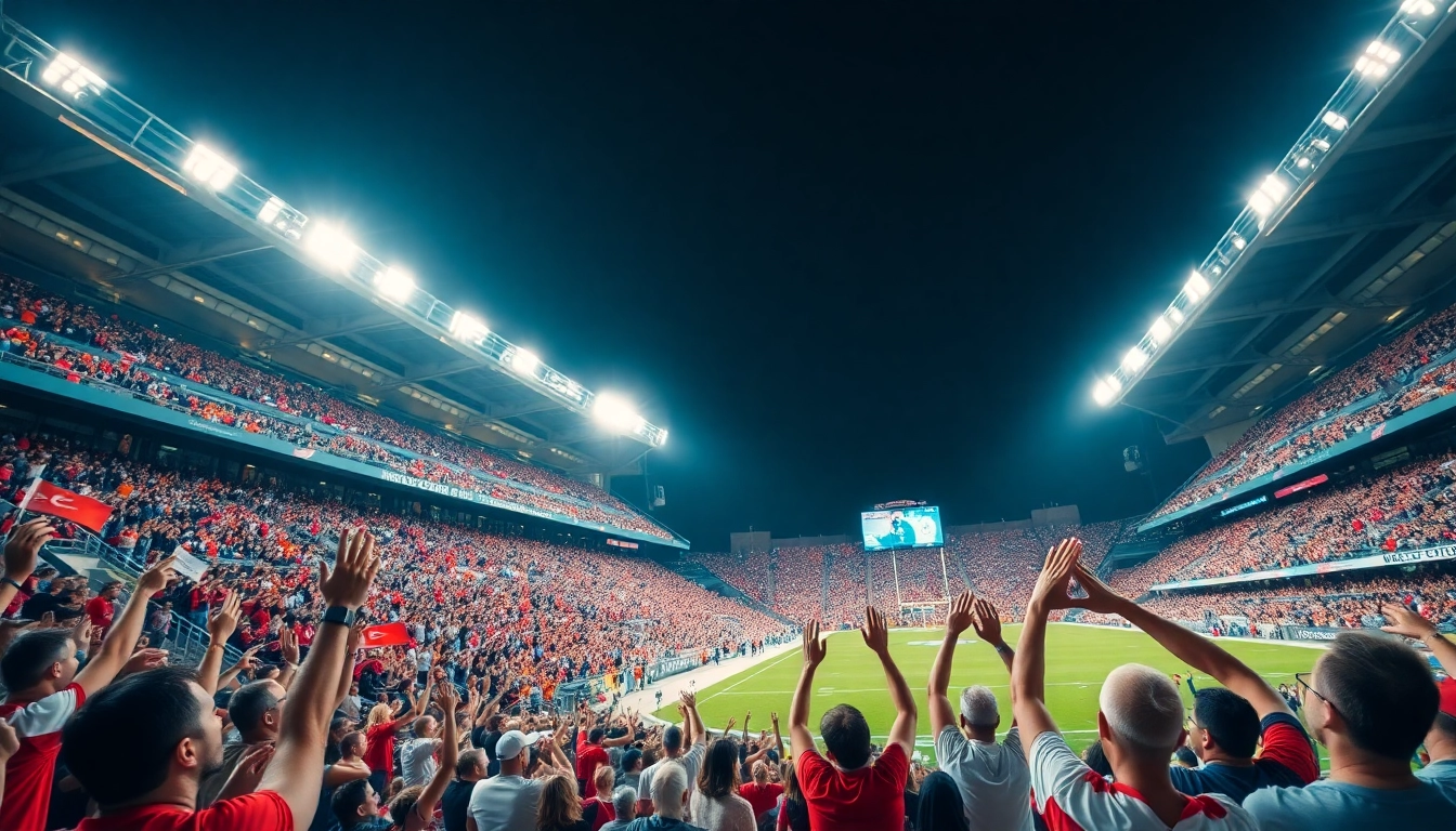Sports Broadcasting capturing the energy of a live stadium event with cheering fans.