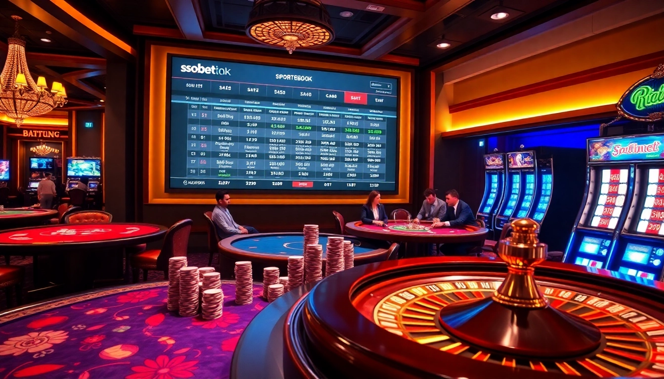 SBOBet sportsbook interface showcasing vibrant betting options with casino tables and poker chips.
