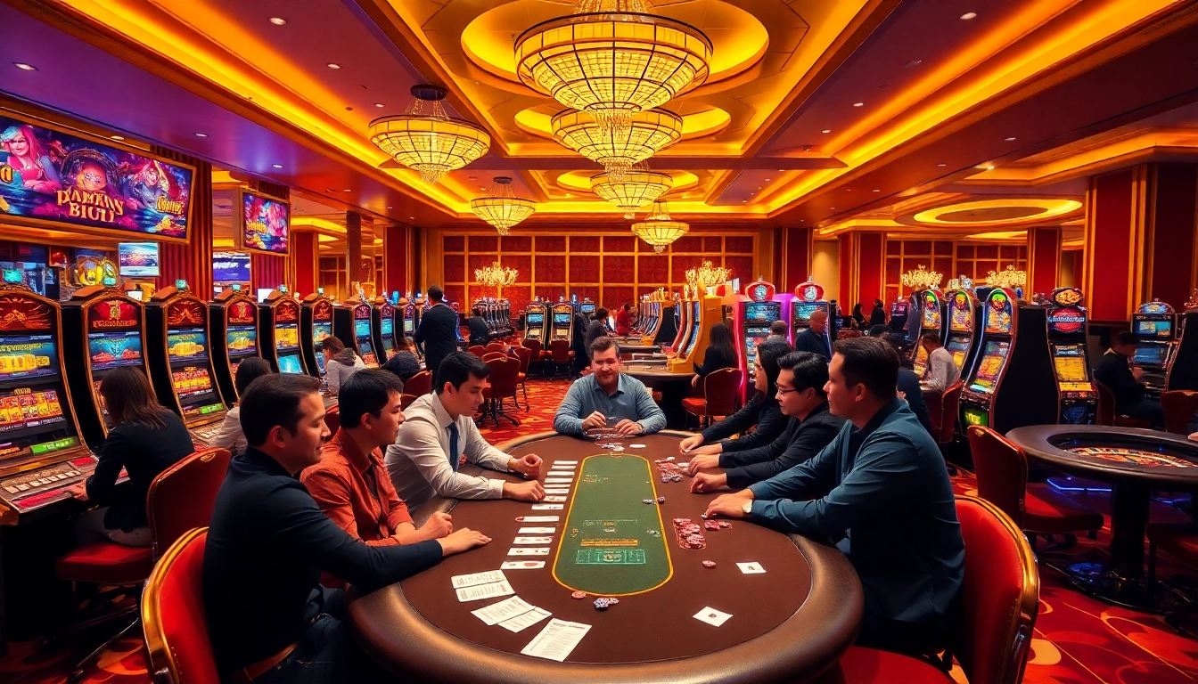 Experience thrilling moments at https://789b.one/ with players enjoying poker and slot machines in a luxurious casino setting.