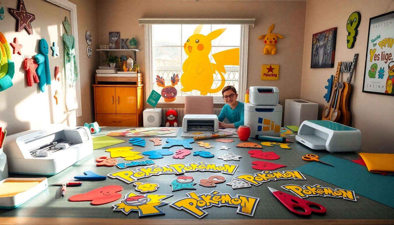 Creative Pokémon SVG designs crafted with Cricut tools on a bright table.