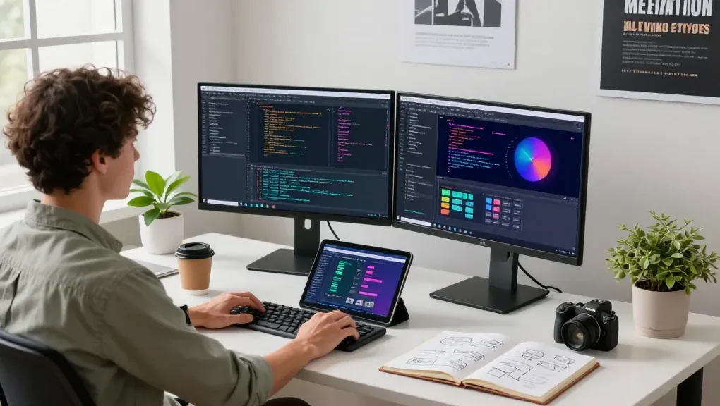 Showcasing a vibrant workspace for developers at snipaste官网, featuring dual monitors, coding interfaces, and a creative environment.