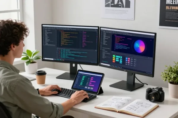 Showcasing a vibrant workspace for developers at snipaste官网, featuring dual monitors, coding interfaces, and a creative environment.