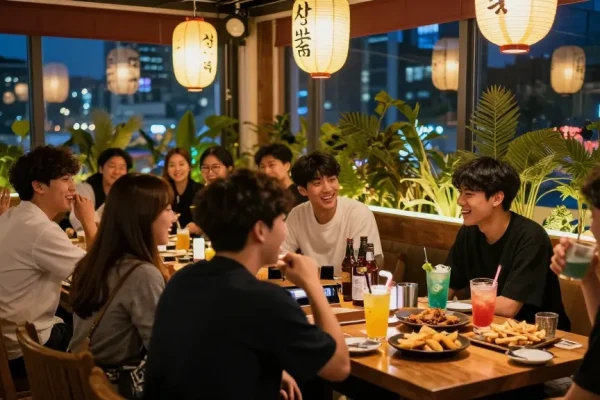 Exciting nightlife at 상봉동 한국관나이트 lounge with friends enjoying drinks and traditional decor.