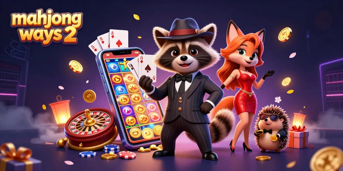 Experience the thrill with Mahjong Ways 2 as animated characters gamble amidst vibrant casino visuals.