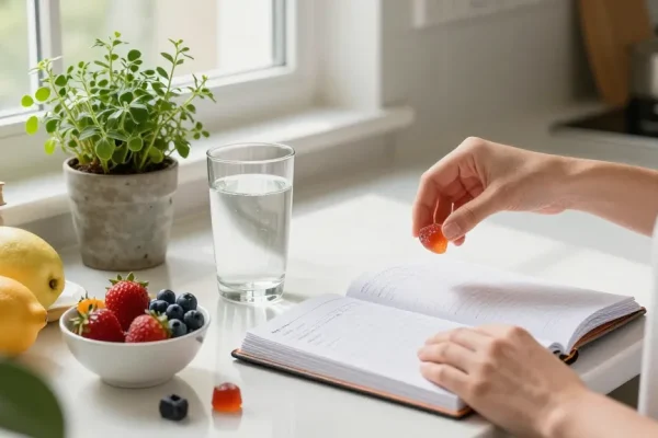 uk edibles preparation scene with CBD gummies, fresh fruits, and wellness journal in a bright kitchen