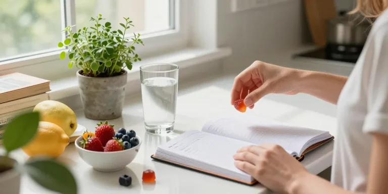 uk edibles preparation scene with CBD gummies, fresh fruits, and wellness journal in a bright kitchen