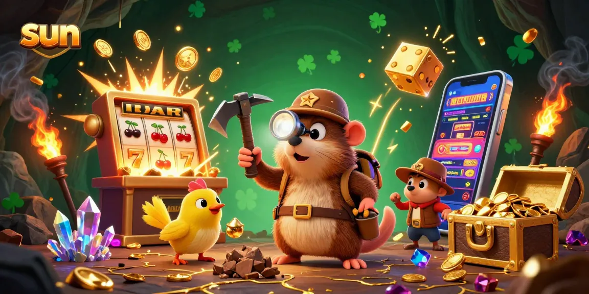 Join the treasure hunter mole and his canary as they chase sun-lit jackpots amid casino excitement.