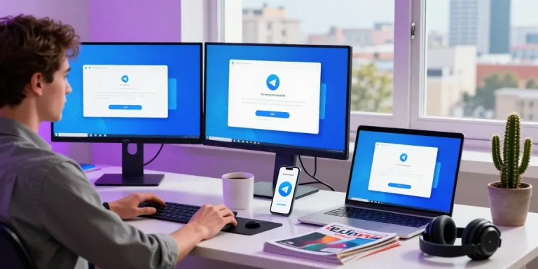 Experience seamless messaging with Telegram Download on a sleek modern workspace, featuring tech and vibrant atmosphere.