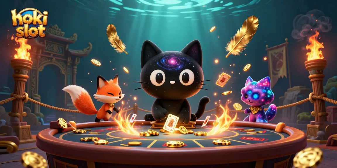 A dynamic illustration of hoki slot gameplay featuring a black hole cat and nebula fox engaging at a cosmic casino.