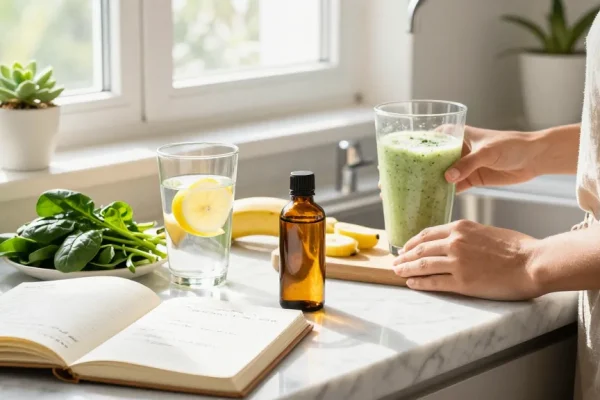 uk edibles with premium CBD oil in a wellness kitchen setup, featuring fresh ingredients and natural light.