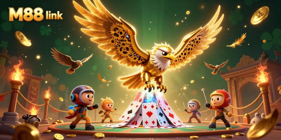 Experience thrilling gameplay at M88 link with a cybernetic eagle soaring through a magical casino world.