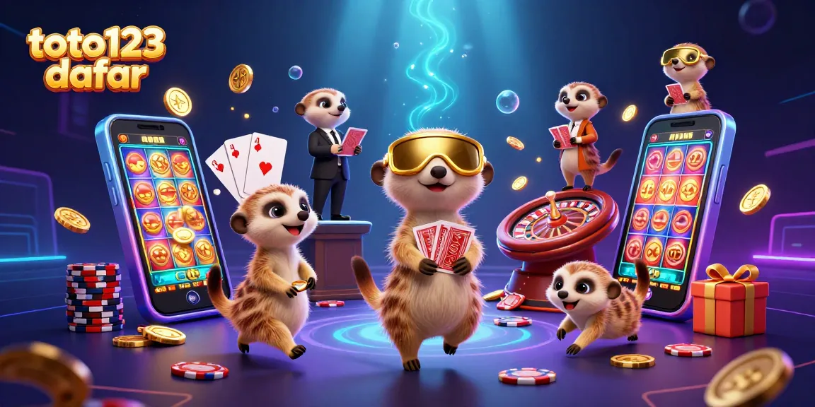 Experience excitement with toto123 daftar as meerkats orchestrate a vibrant casino scene filled with gaming action.