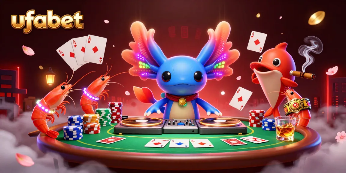 Experience epic gaming vibes with ufabet, featuring a neon axolotl DJ and lively shrimp dancers