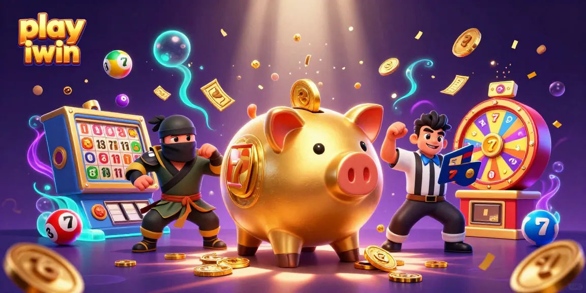 Play iwin and win big with a cartoon piggy bank sumo wrestler, golden coins, and vibrant gaming elements.