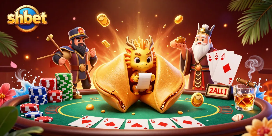 Engage with shbet's dynamic scene featuring a golden fortune cookie and vibrant poker elements.