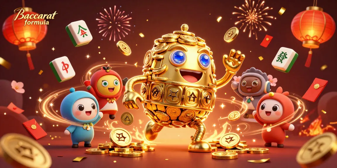 Experience the Baccarat formula with a golden golem and festive casino elements in this thrilling scene.