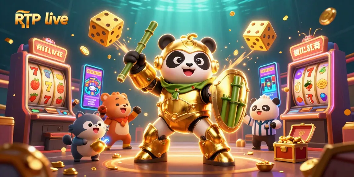 Experience RTP live action with a golden mech-suit panda amidst lively casino elements and jackpot excitement.
