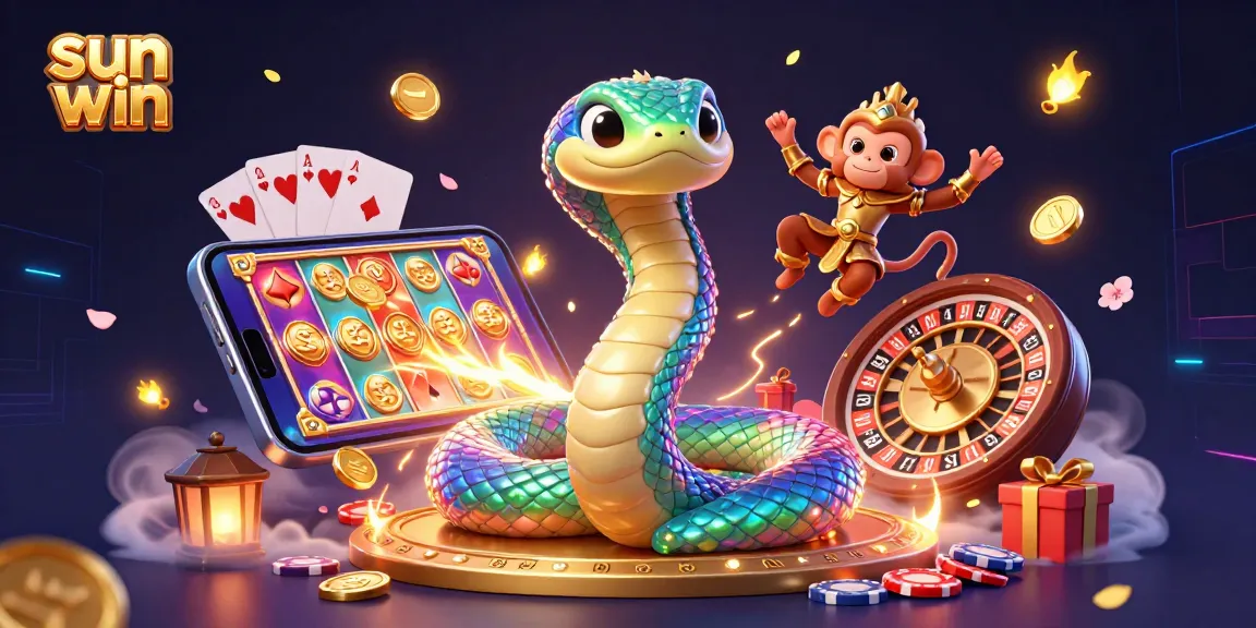 Experience the thrill of online gaming with sun win, featuring a colorful 3D illustration of casino elements and characters.