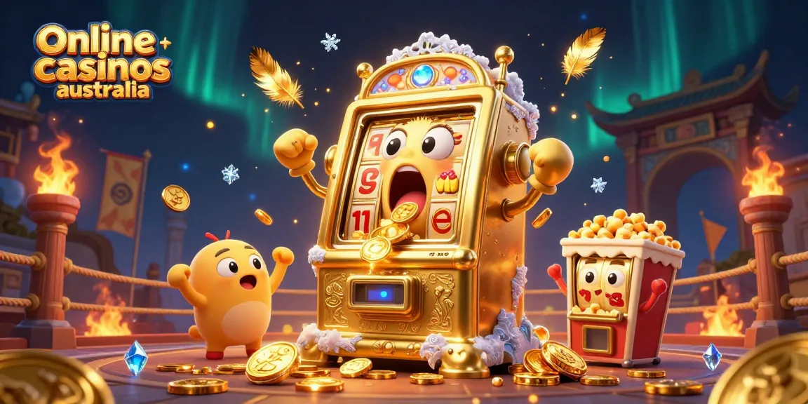 Experience excitement in online casinos Australia with a lively golden slot machine hitting a jackpot.