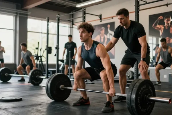 Athletic man lifting weights in a gym demonstrating the benefits of Deus Medical Steroids.