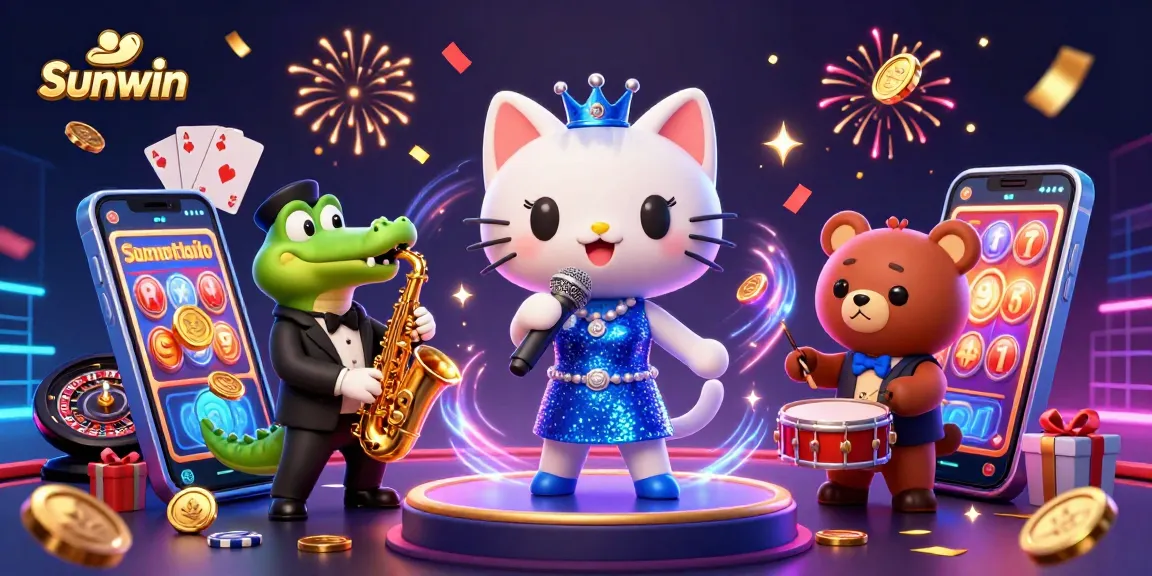 Sunwin's vibrant casino scene with jazz-singer cat, saxophone crocodile, and bear cub surrounded by lively slot games and confetti bursts.
