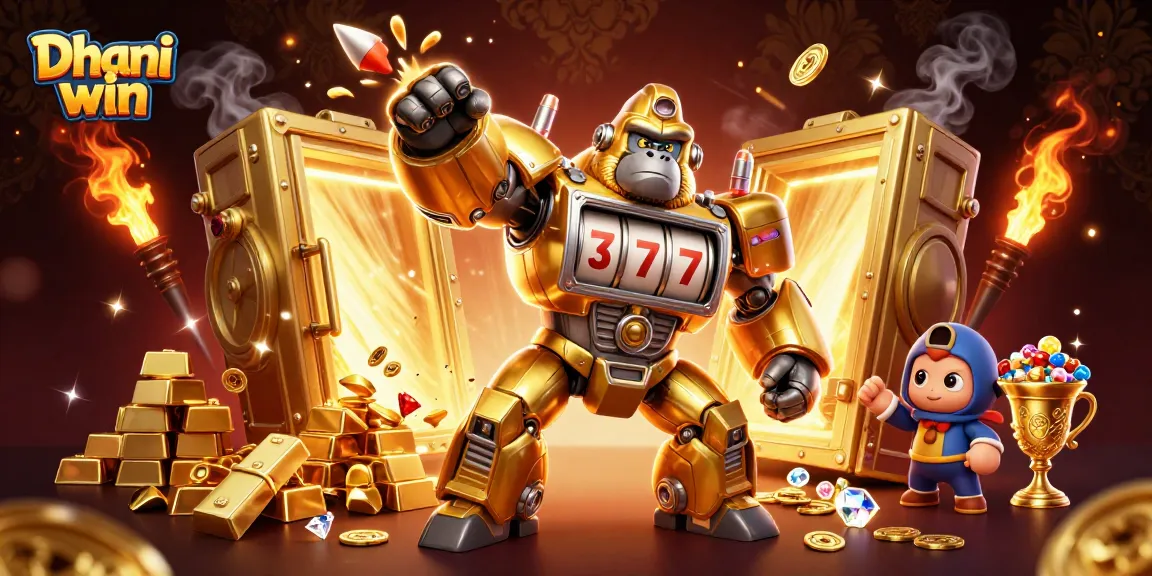 Dhani win showcases a vibrant 3D scene of a golden mech and treasure elements, perfect for immersive gameplay.