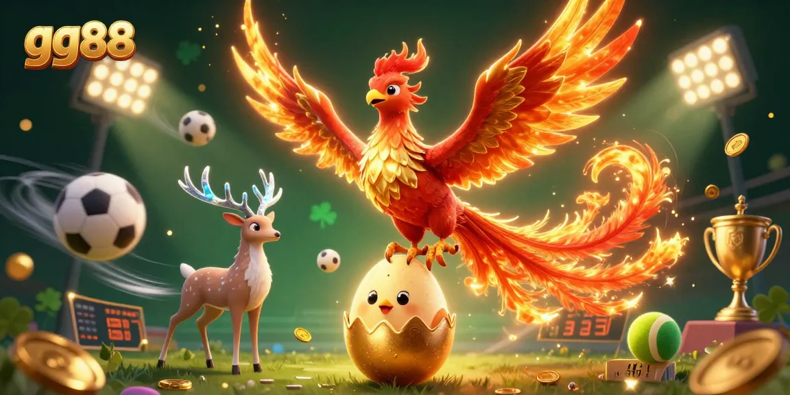 Experience the thrill of gg88's online gaming with a vibrant illustration featuring a phoenix and baby chick amidst dynamic sports elements.