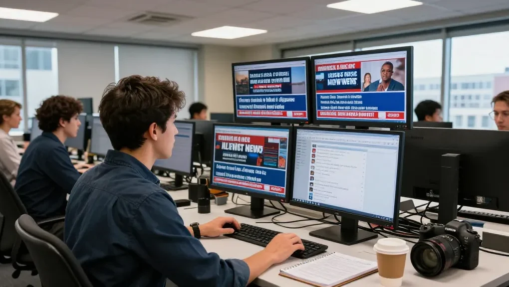 Newsroom activity showcasing https://www.theindaily.com with journalists covering breaking stories.