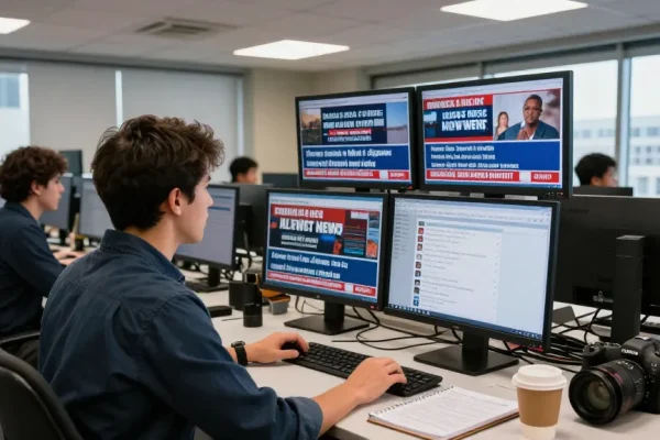 Newsroom activity showcasing https://www.theindaily.com with journalists covering breaking stories.