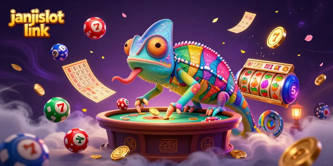 Engage with janjislot link's vibrant casino world, featuring dynamic slots and a friendly chameleon.